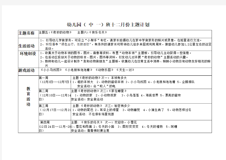 幼儿园中班十二月主题计划表