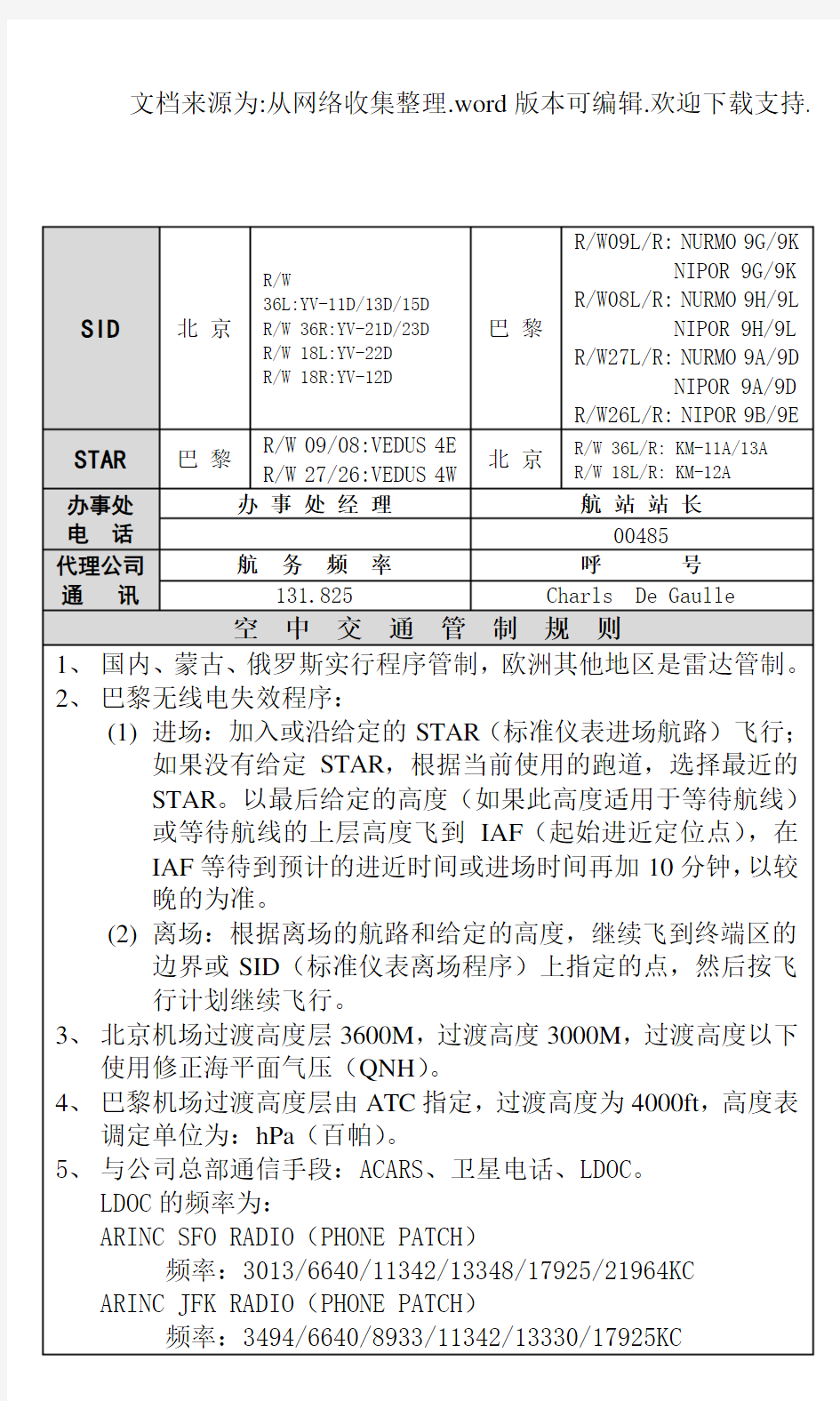 中国国际航空公司航线资料手册：PEK-CDG-PEK