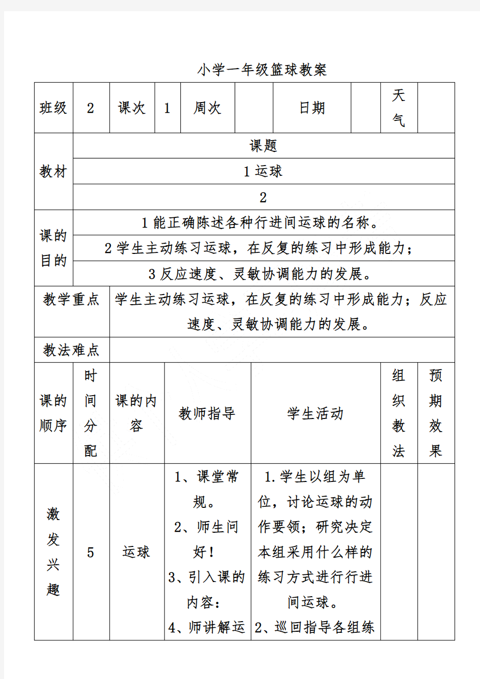 小学一年级篮球优秀教案