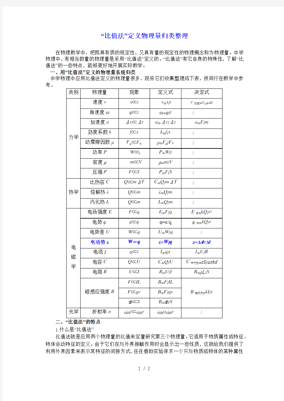 比值法定义物理量归类整理