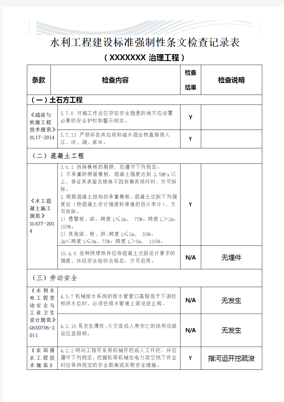 XXXX水利工程建设标准强制性条文检查记录表[精品文档]