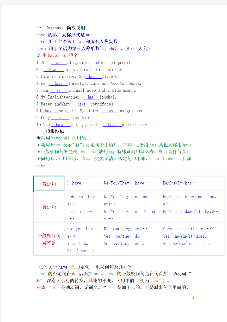 (完整版)have、has用法