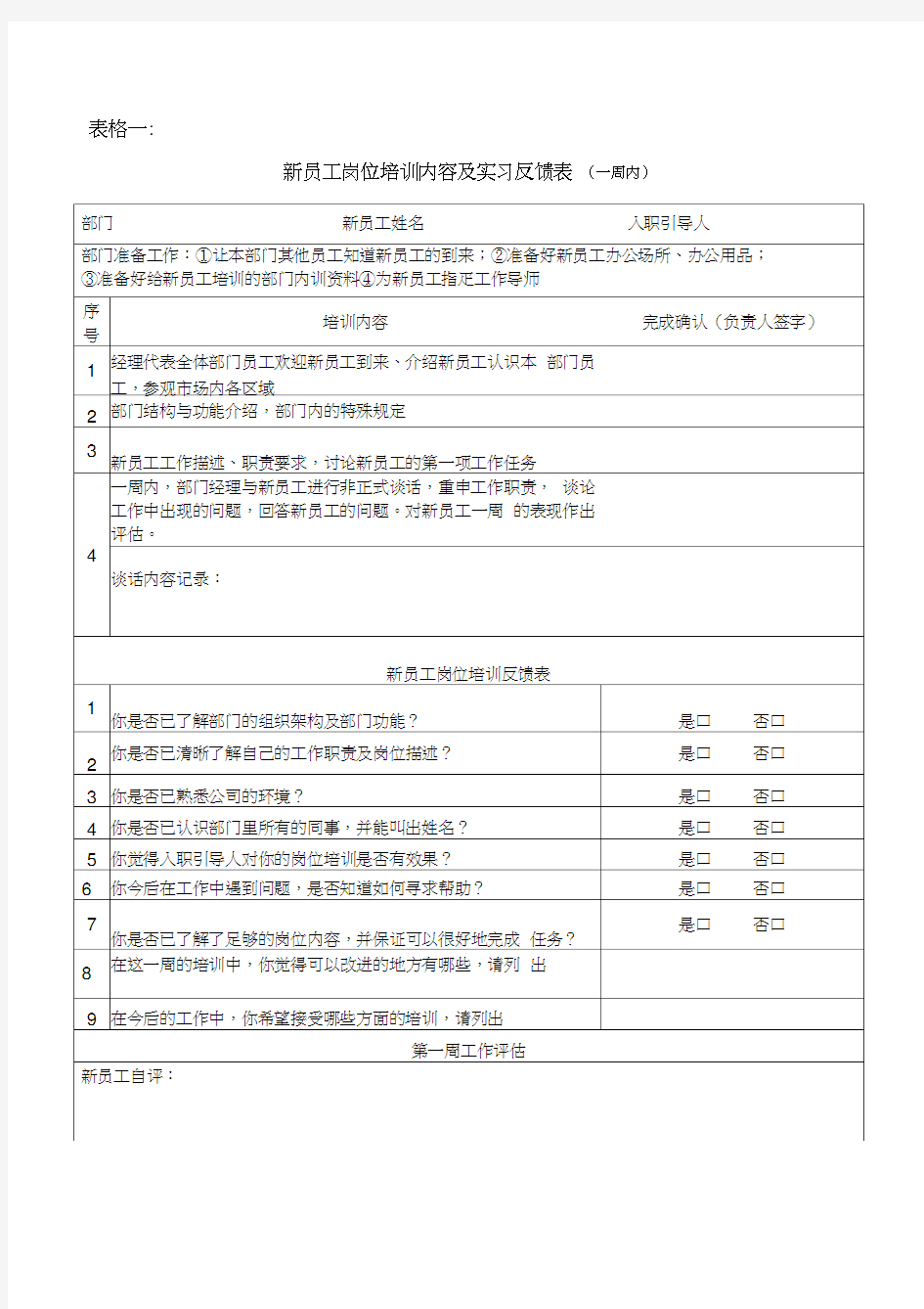 最新新员工岗位培训内容及实习反馈表