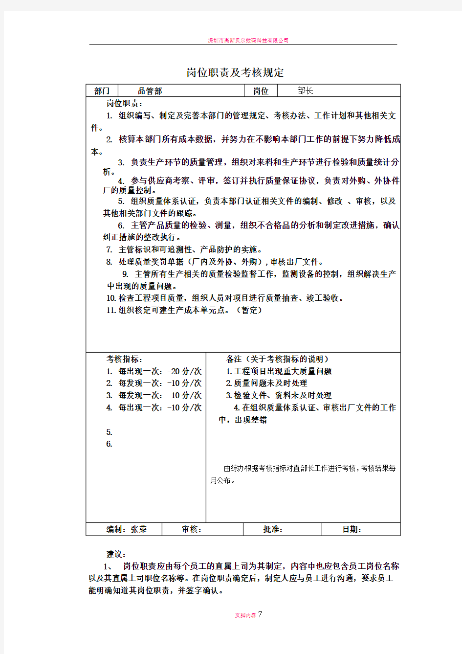 品管岗位职责及考核规定