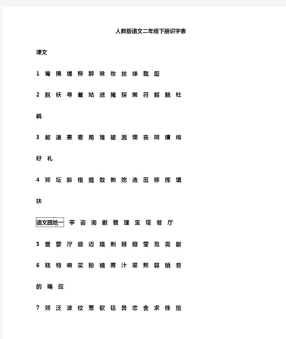 部编版语文二年级下册识字表