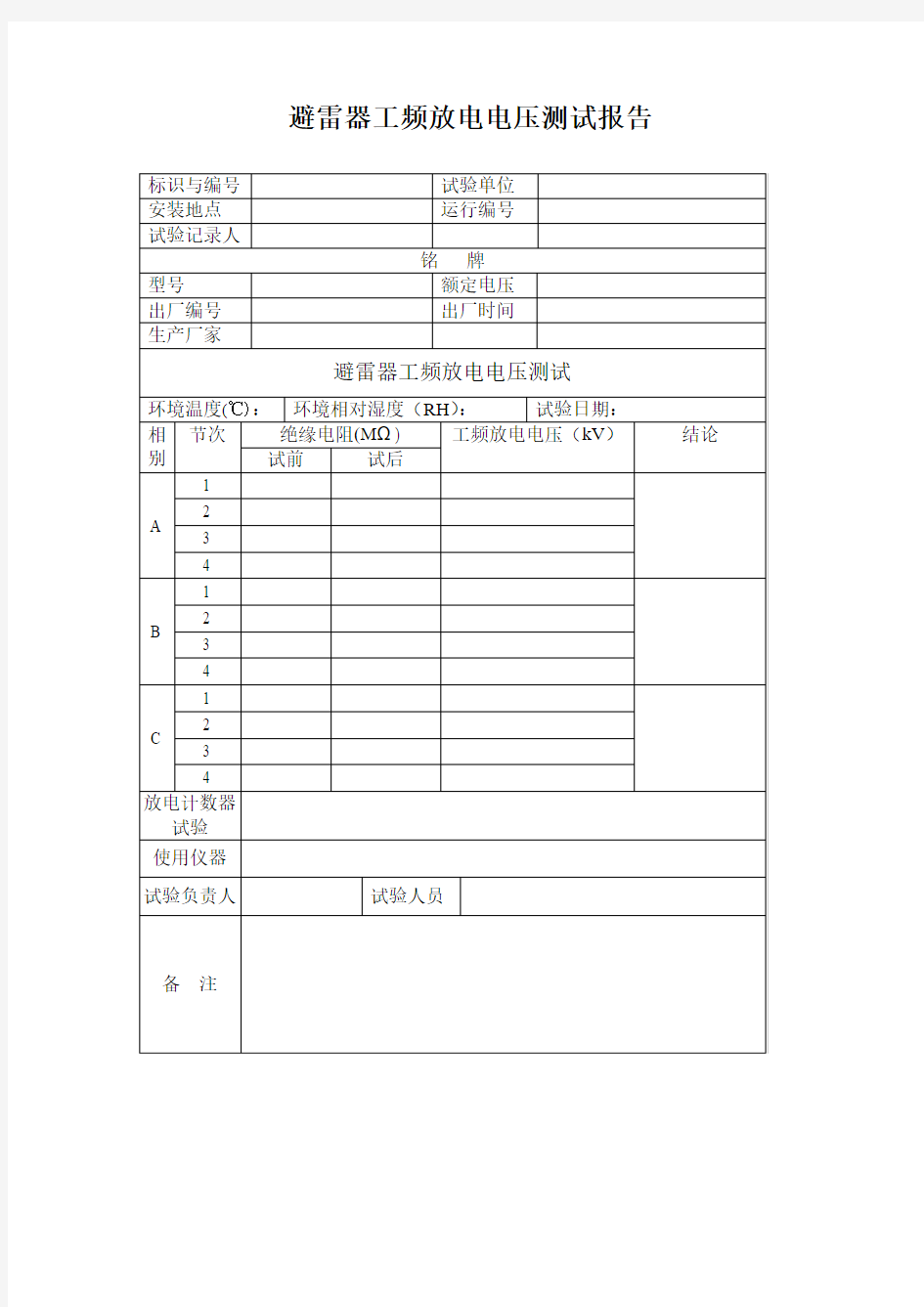 避雷器工频放电电压测试报告