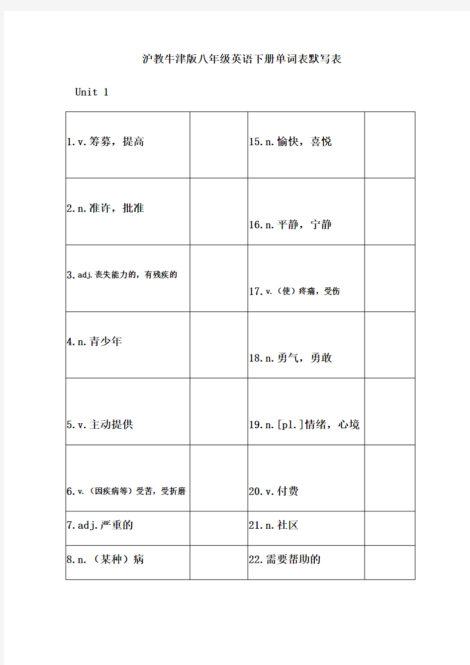 沪教牛津版八年级英语下册单词表默写表