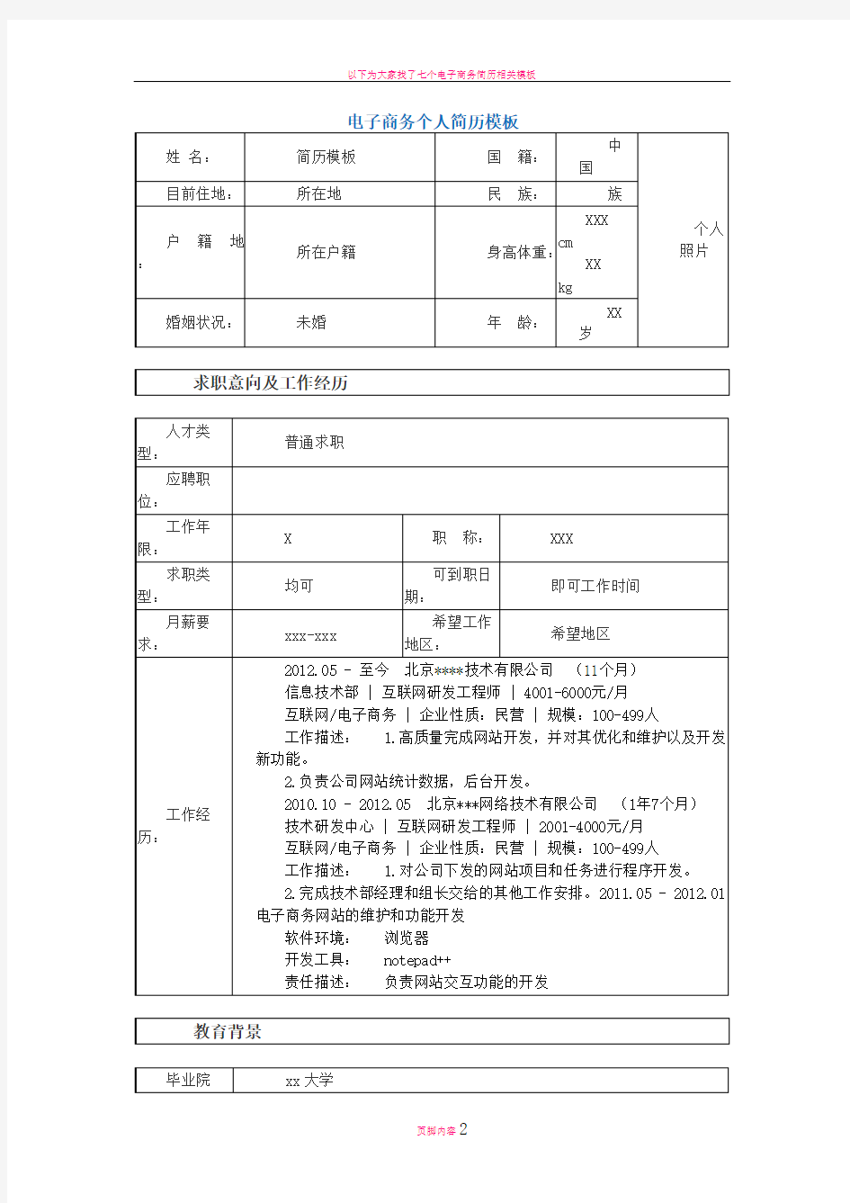 电子商务个人简历模板