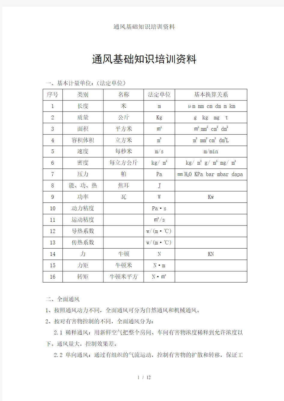 通风基础知识培训资料