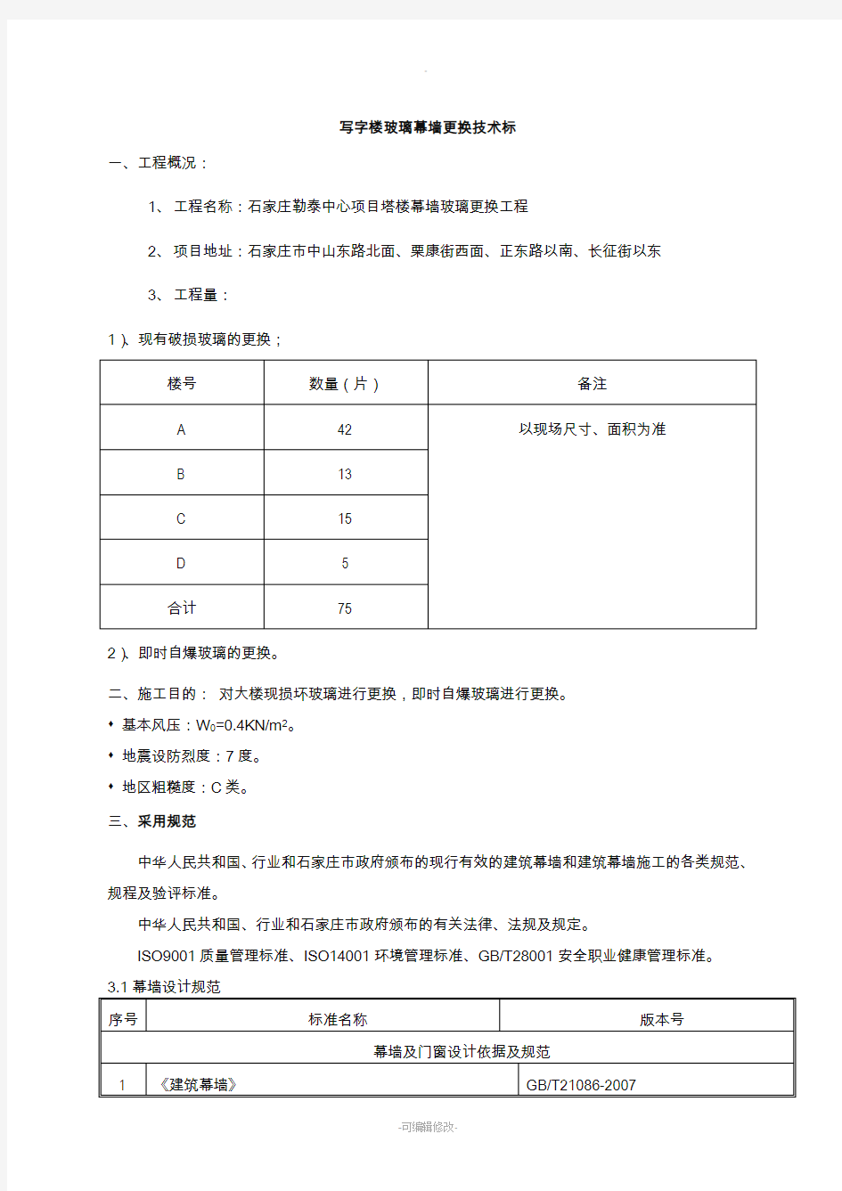 玻璃幕墙更换技术标