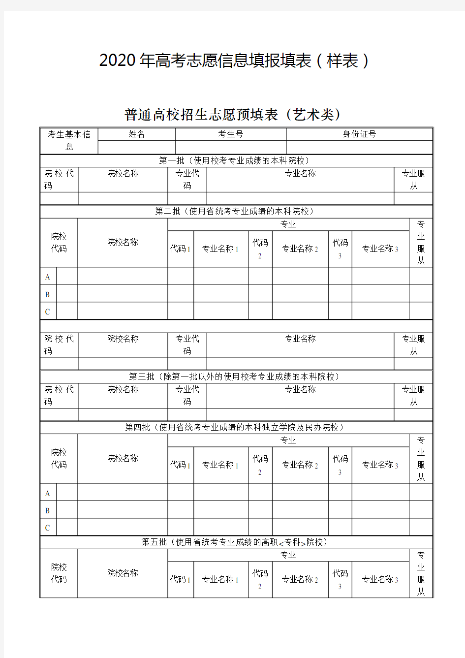 2020年高考志愿信息填报填表(样表)