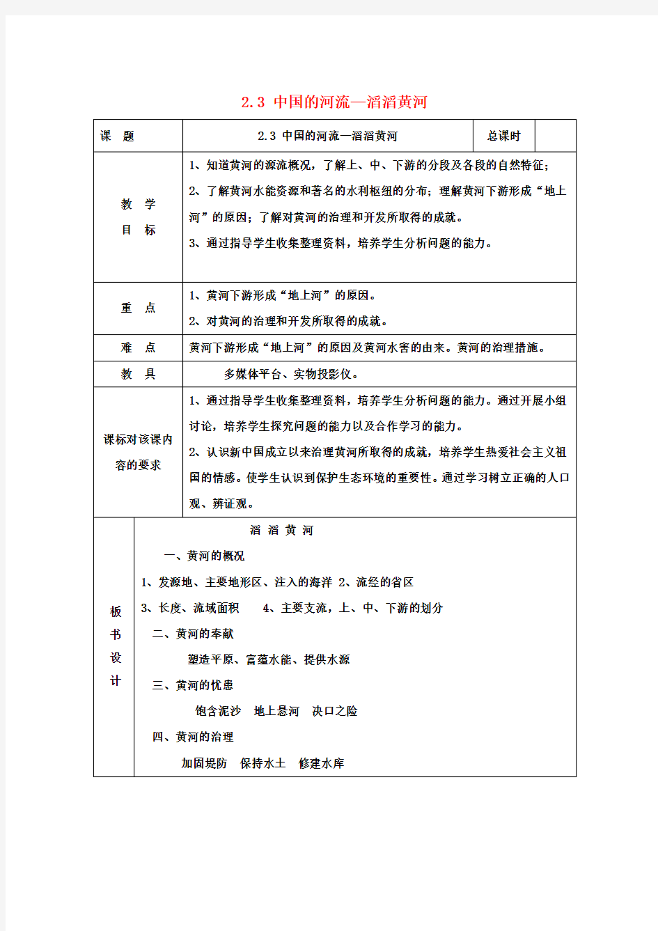 中小学教学研究室八年级地理上册 第二章 第三节 中国的河流-滔滔黄河导学案(无答案) 湘教版