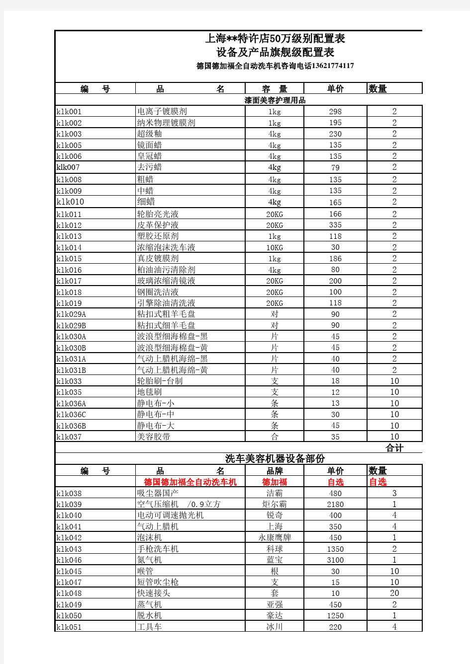 洗车店所需洗车设备清单及报价