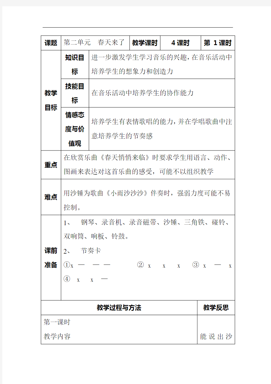 人教版一年级下册音乐教案：《春天来了》