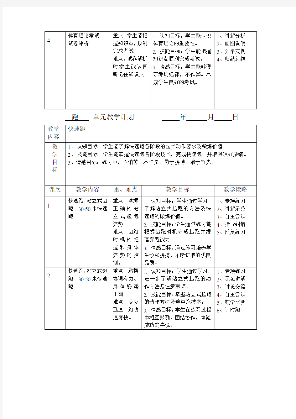 体育单元教学计划