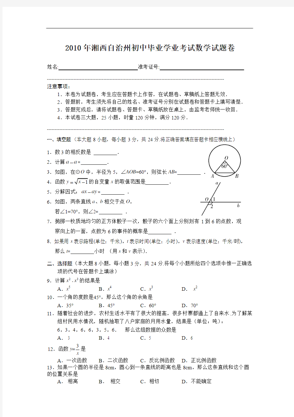 2010年湘西州中考数学试题及答案(word)