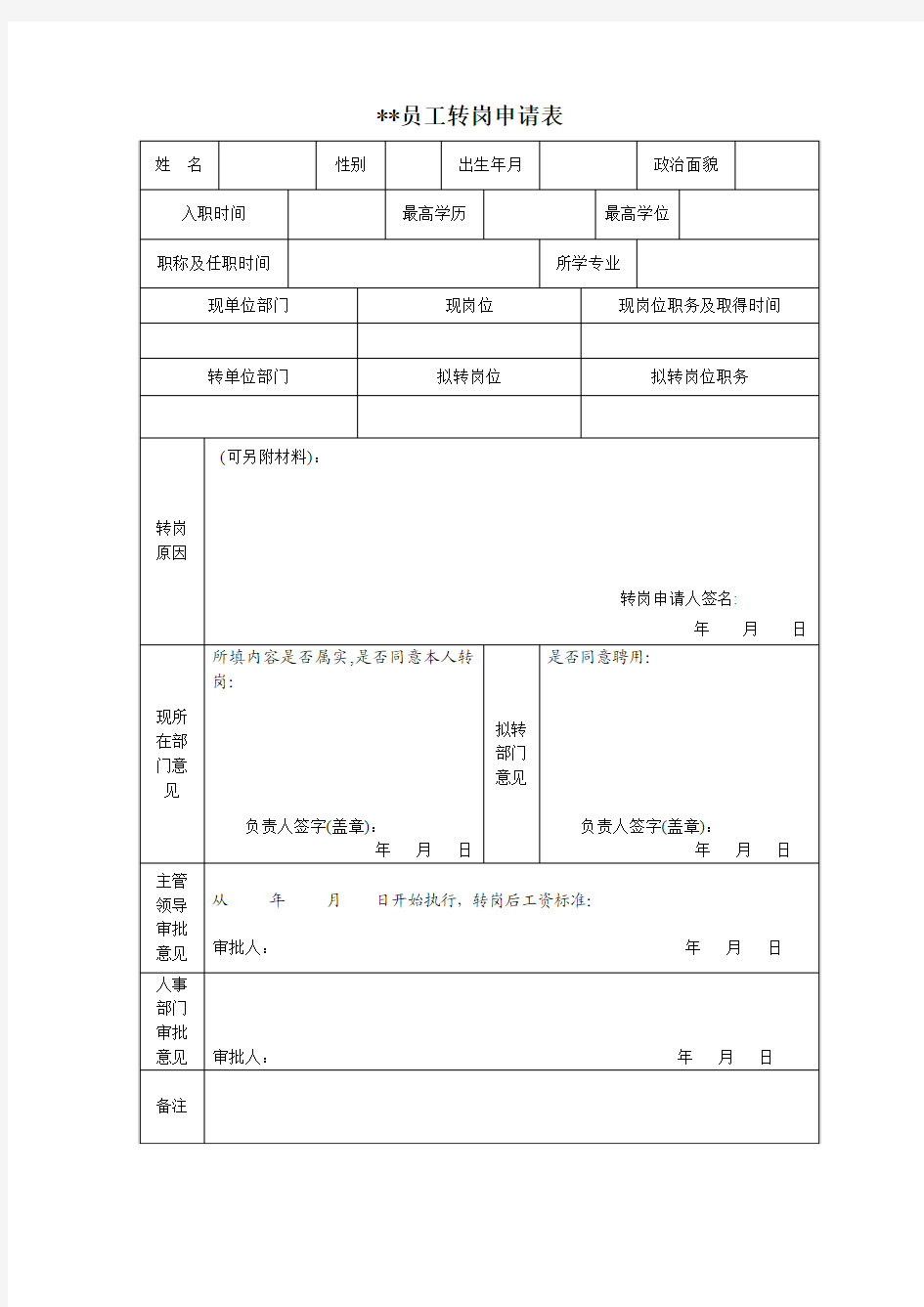 员工转岗申请表