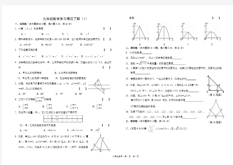 九年级九下数学学习情况阶段测评