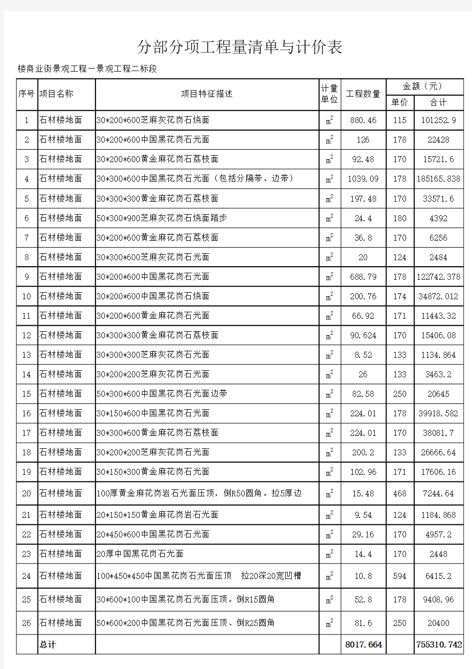 石材报价单