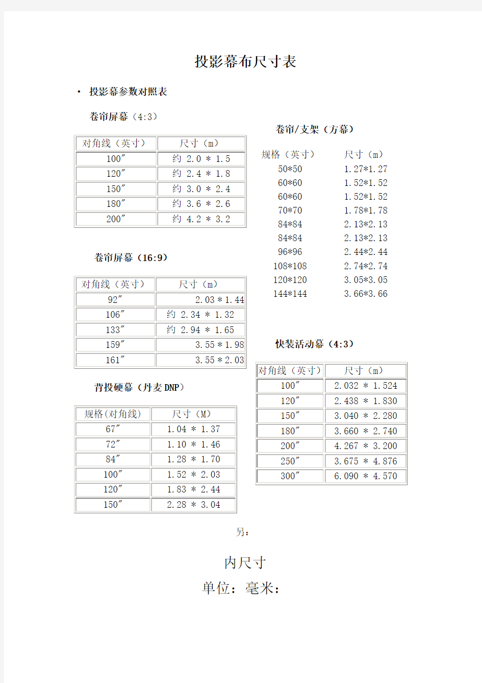 投影幕布尺寸表