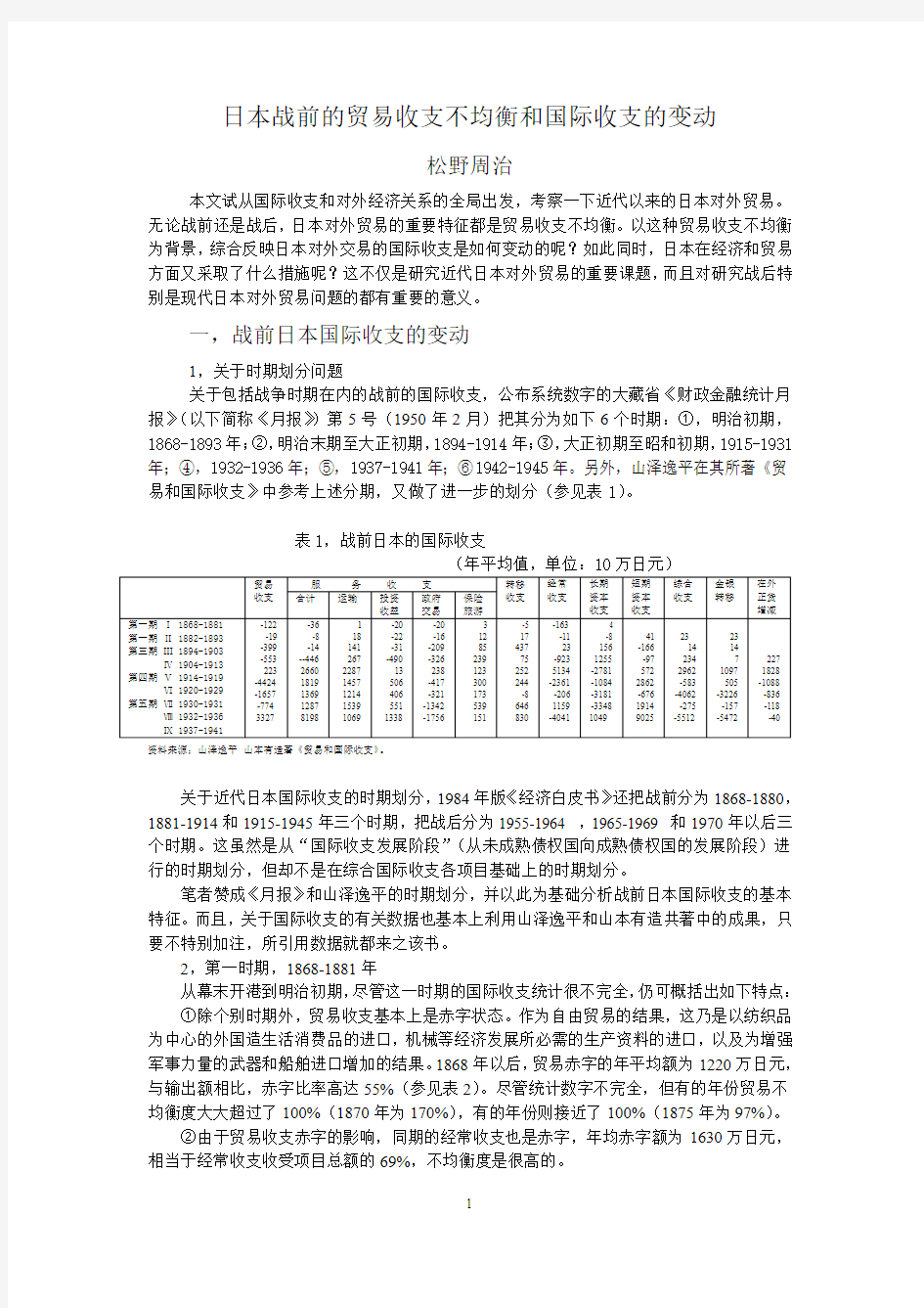 日本战前的贸易收支不均衡和国际收支的变动