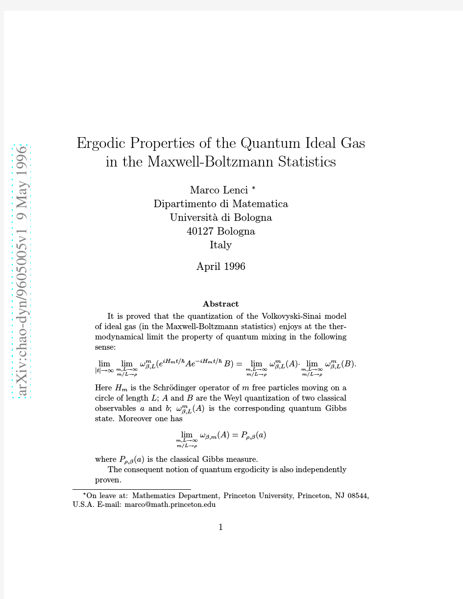 Ergodic Properties of the Quantum Ideal Gas in the Maxwell-Boltzmann Statistics