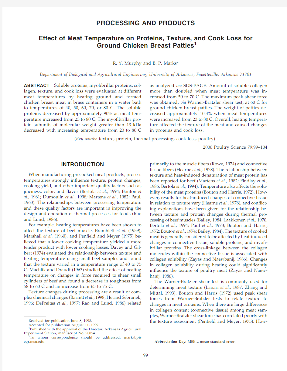 Effect of Meat Temperature on Proteins, Texture, and Cook Loss for