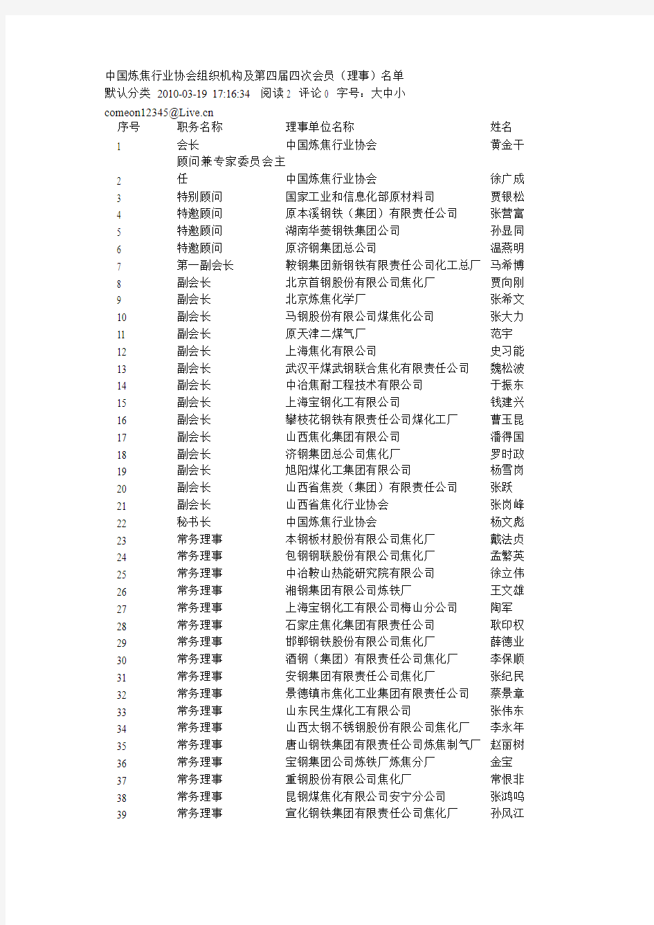 中国炼焦行业协会会员(理事)名单