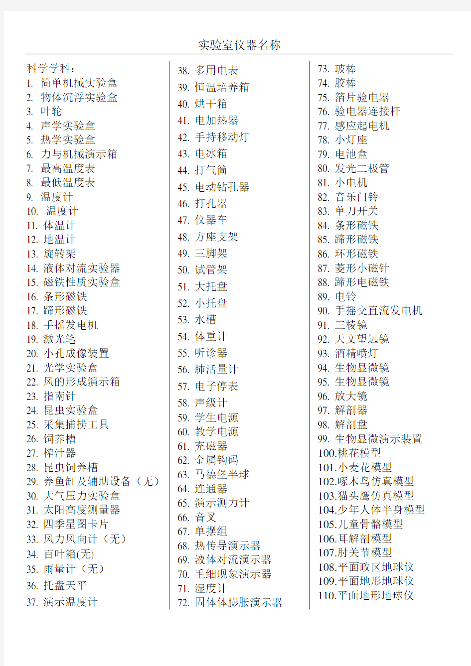 小学科学实验室仪器名称汇总