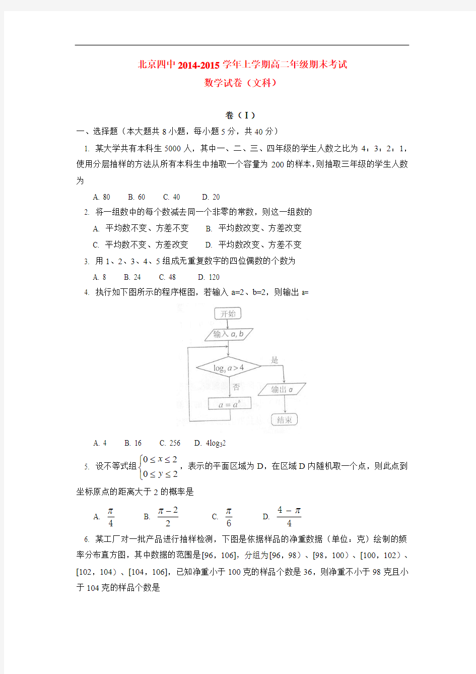北京四中2014-2015学年上学期高二年级期末考试数学试卷(文科)  后有答案