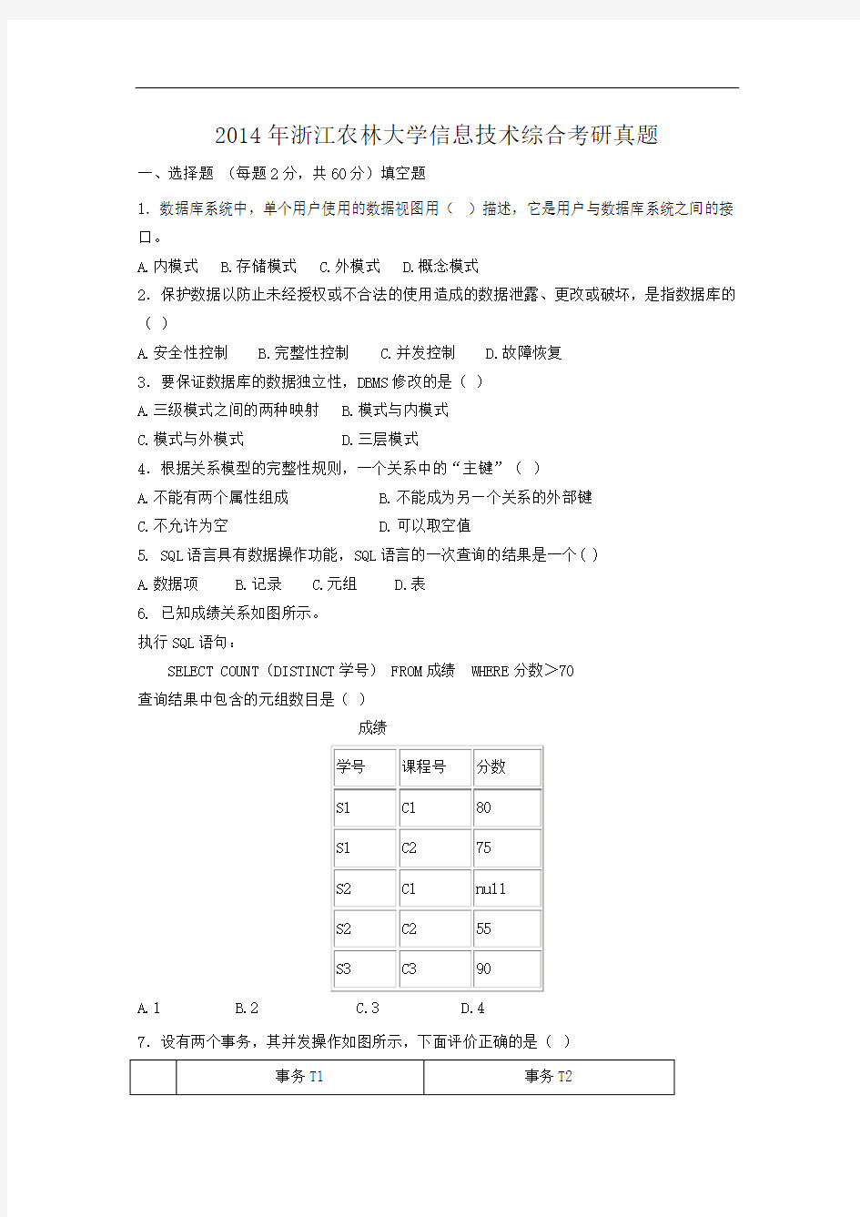 2014年浙江农林大学信息技术综合考研真题