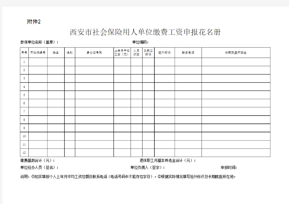 2017.西安市社会保险用人单位缴费工资申报花名册