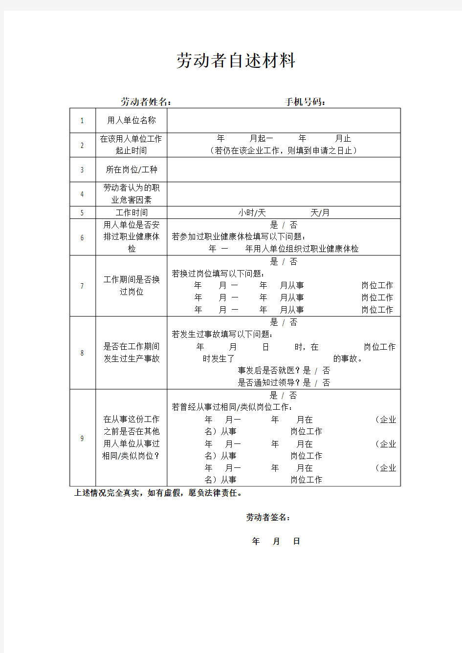 宁波市第一医院职业病诊断劳动者自述材料