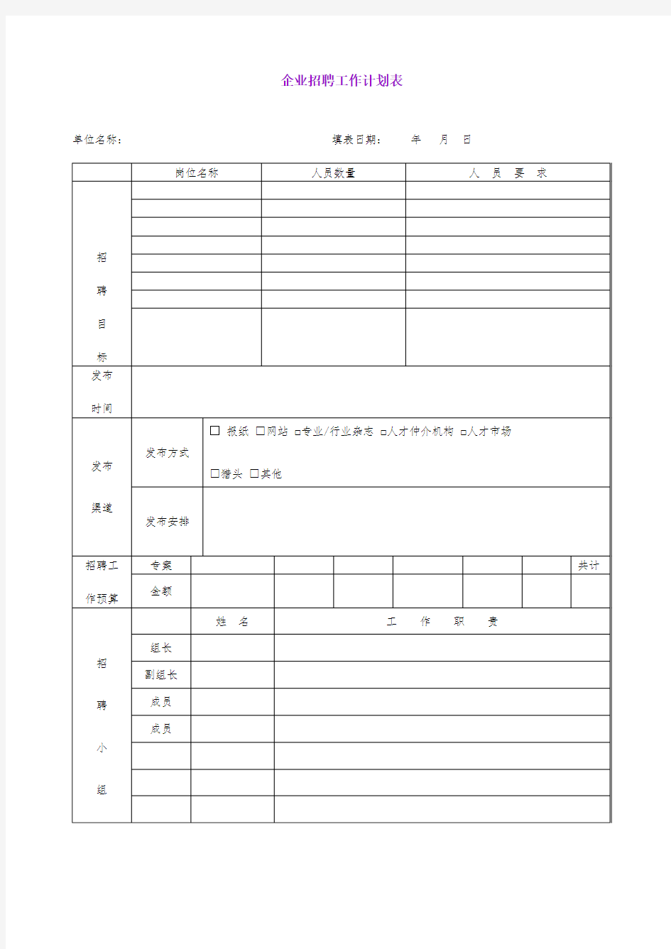 企业招聘工作计划表 