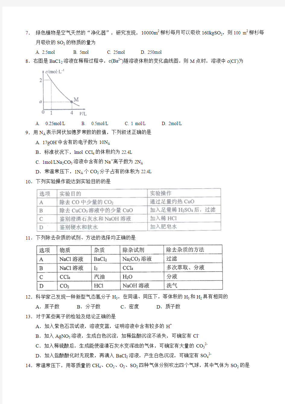 重庆一中2016-2017学年高一10月月考化学试题(含答案)