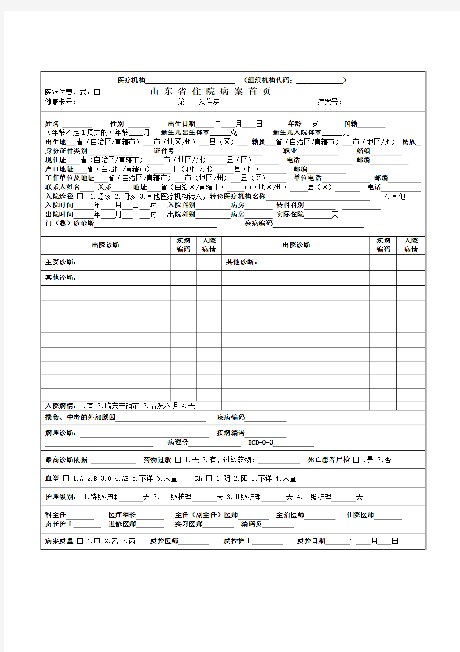 2018年最新版《山东省住院病案首页》