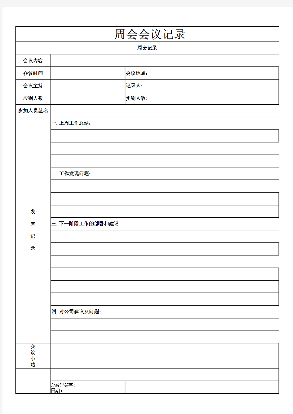 最新周会记录表模版