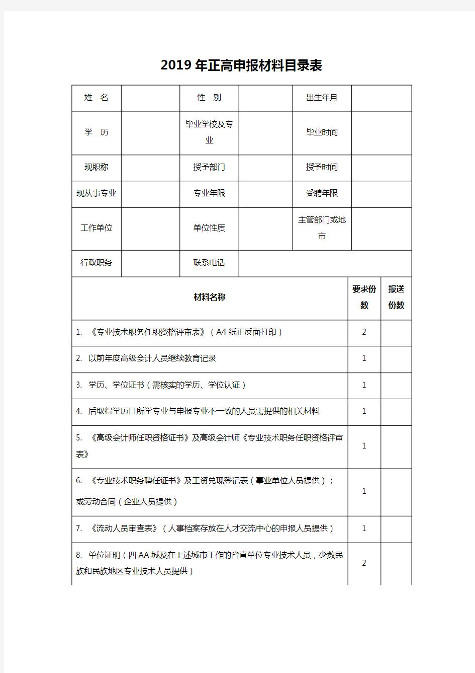 2019年正高申报材料目录表