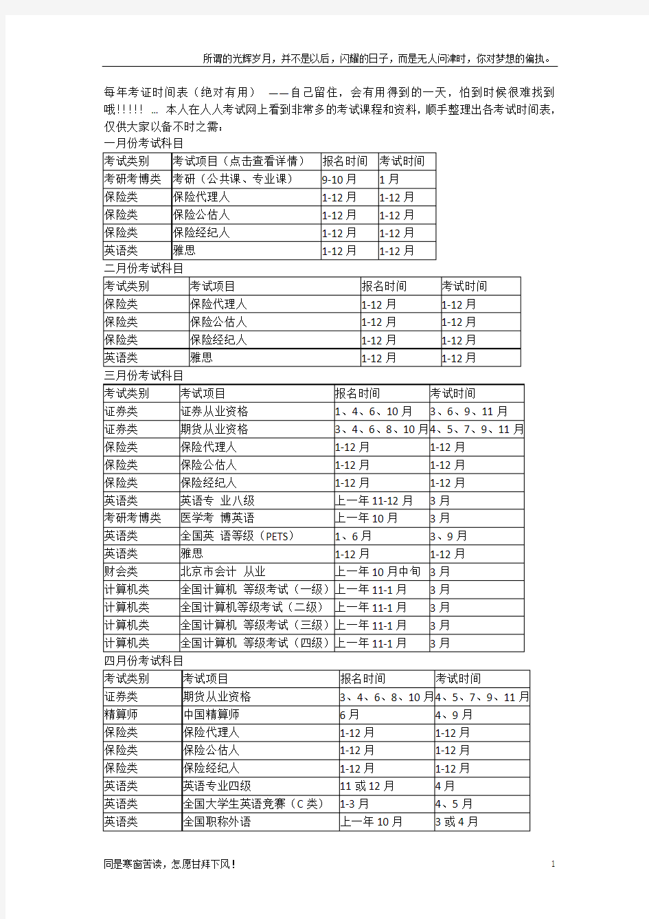 最齐全的各种考证报名考试时间表(新)