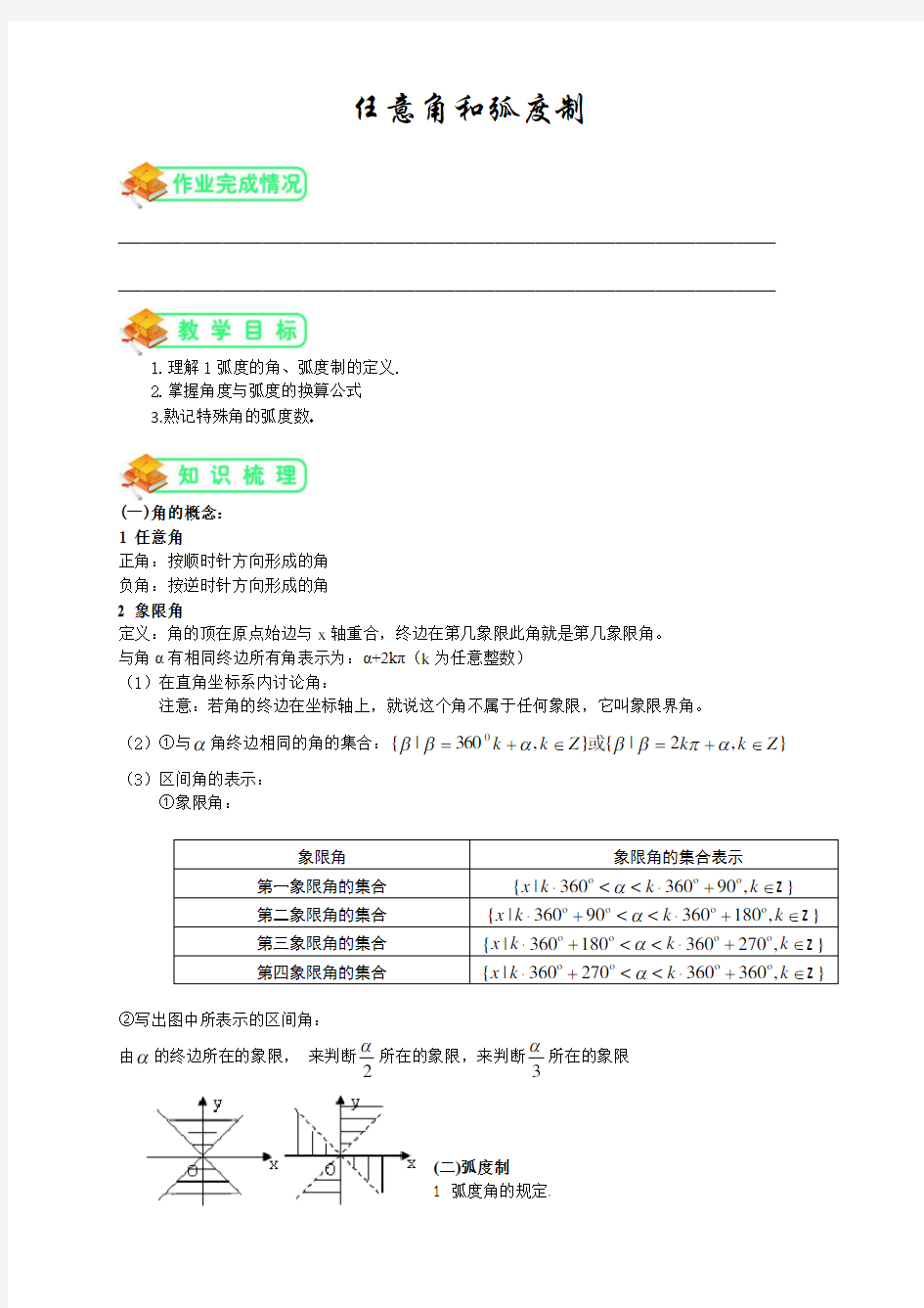 人教版高中数学必修四任意角和弧度制