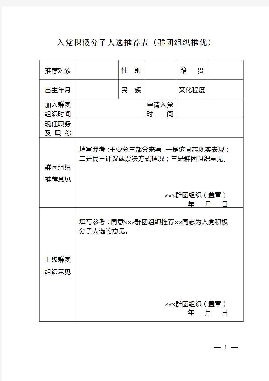 入党积极分子人选推荐表(群团组织推优)