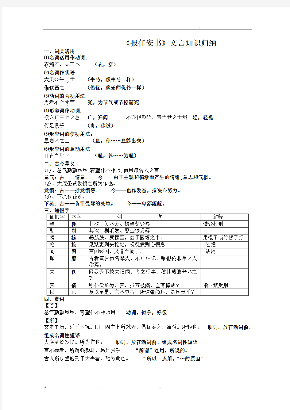 《报任安书》文言知识归纳