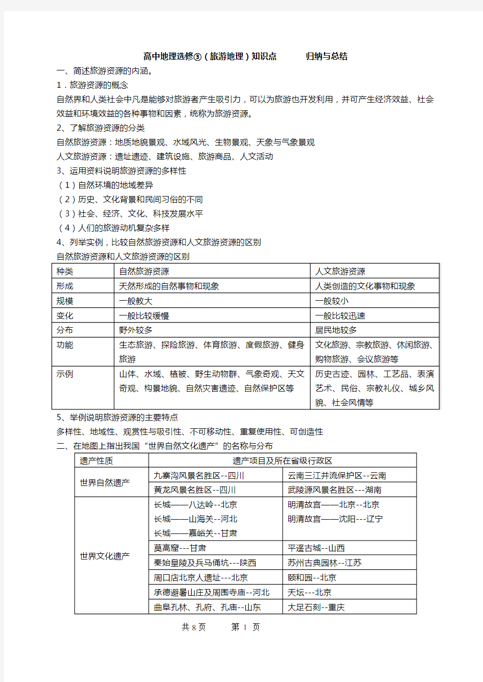 (完整版)高中地理选修③旅游地理知识点归纳与总结