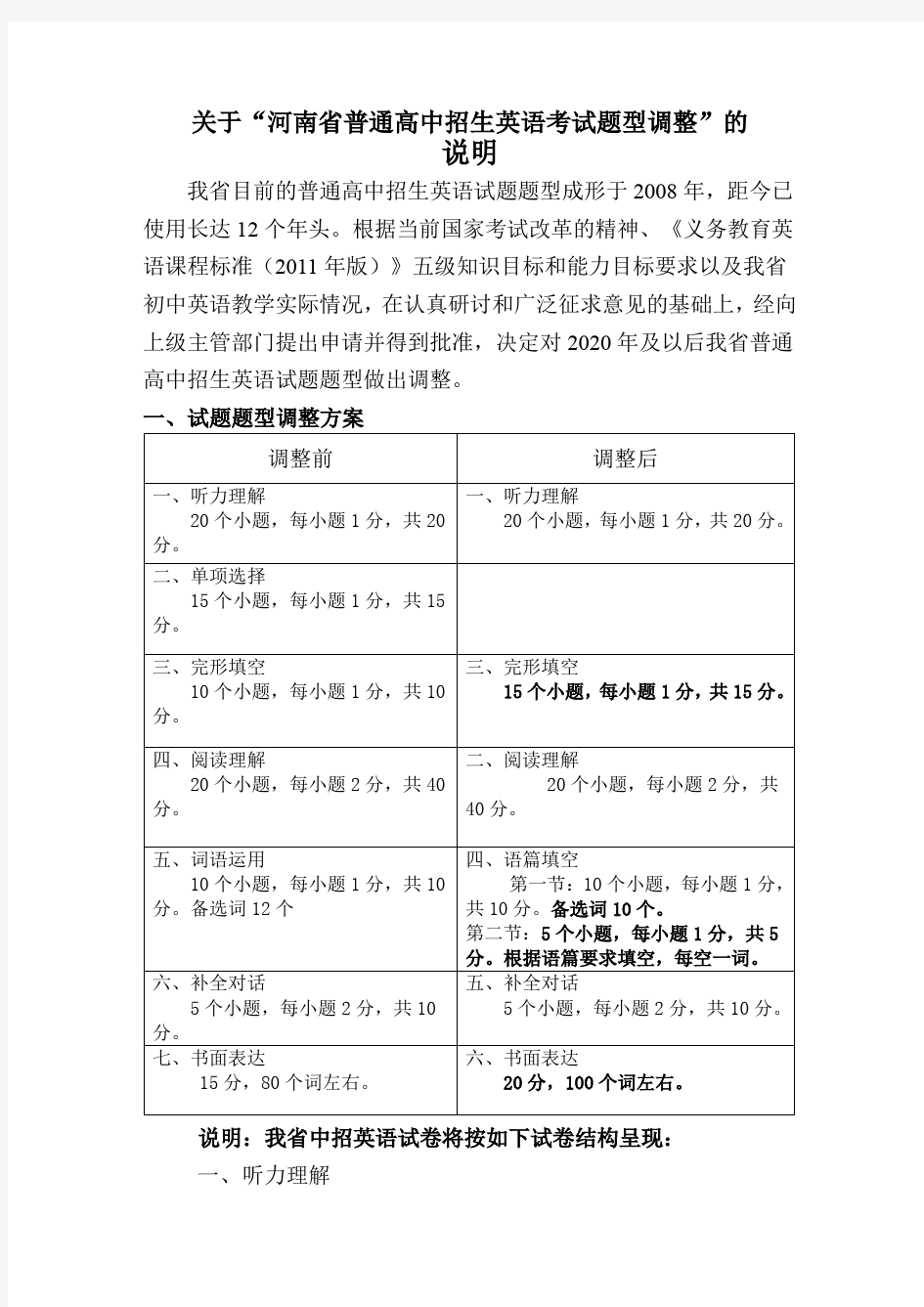 2020年河南省中招英语试题题型调整说明