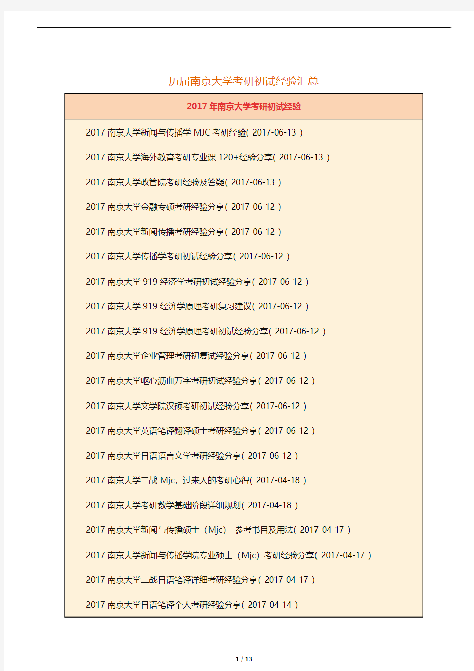 南京大学历年考研初试经验汇总