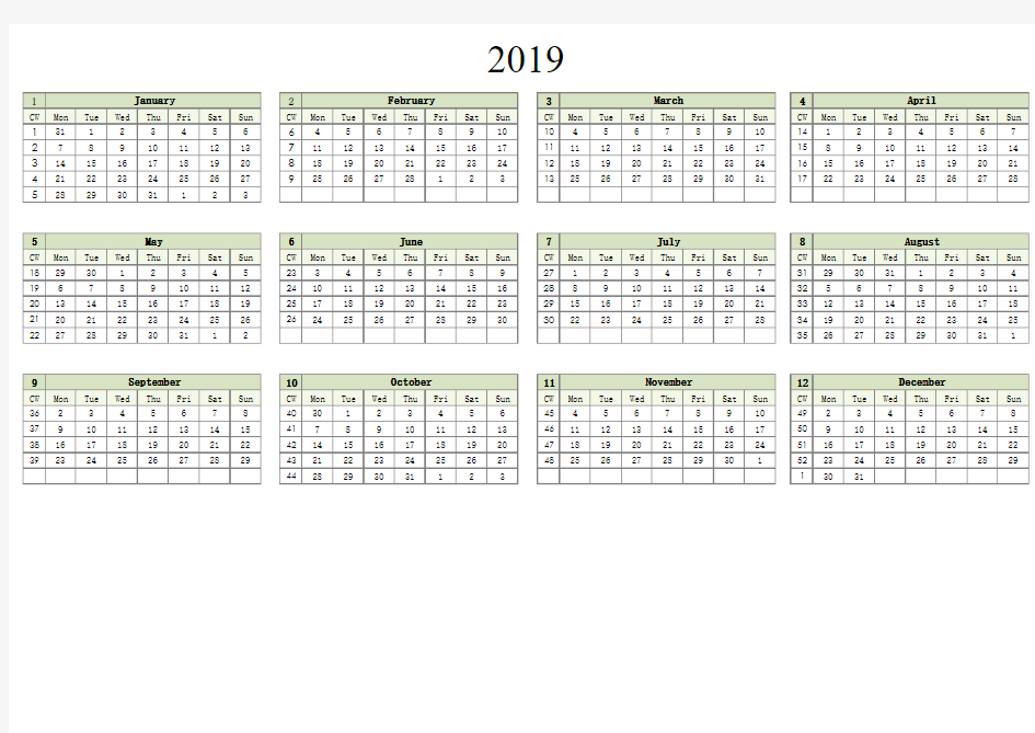 Calendar 2019 2019年欧洲日历 周历