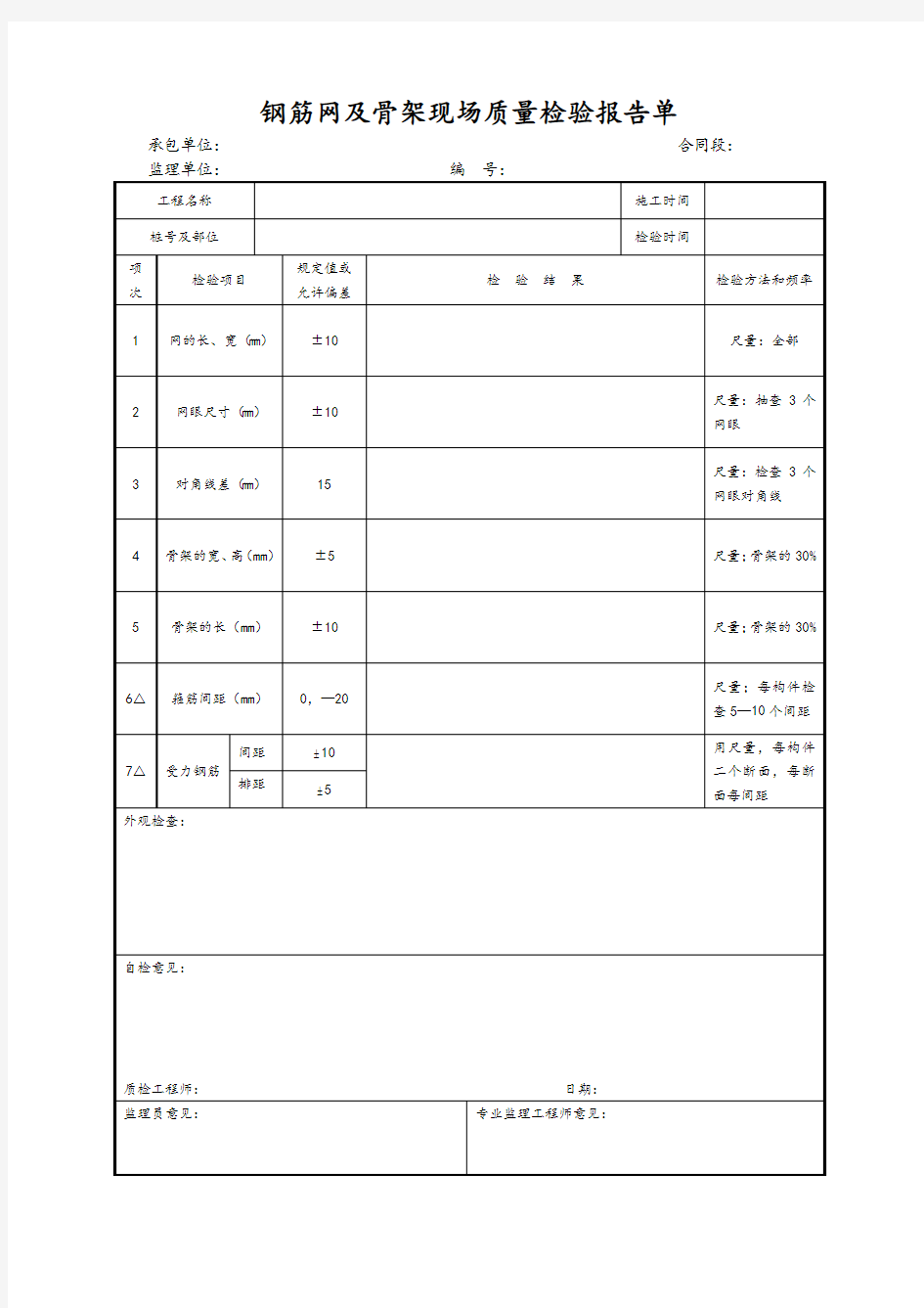 钢筋网及骨架现场质量检验报告单