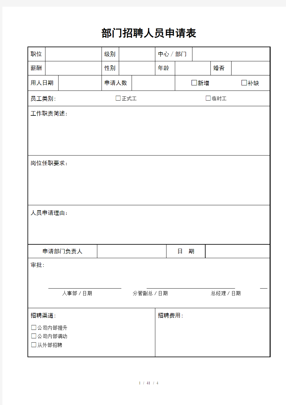 部门招聘人员申请表