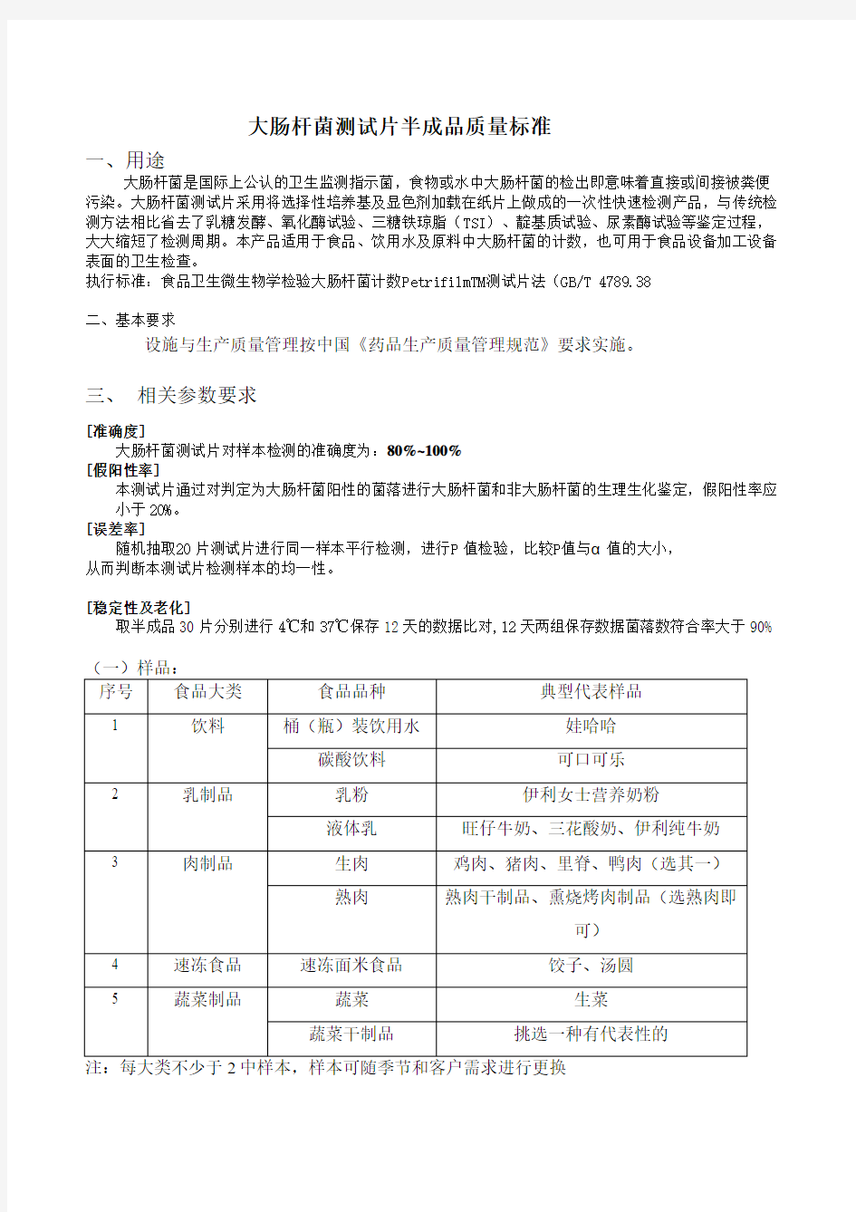 大肠杆菌测试片半成品质量标准