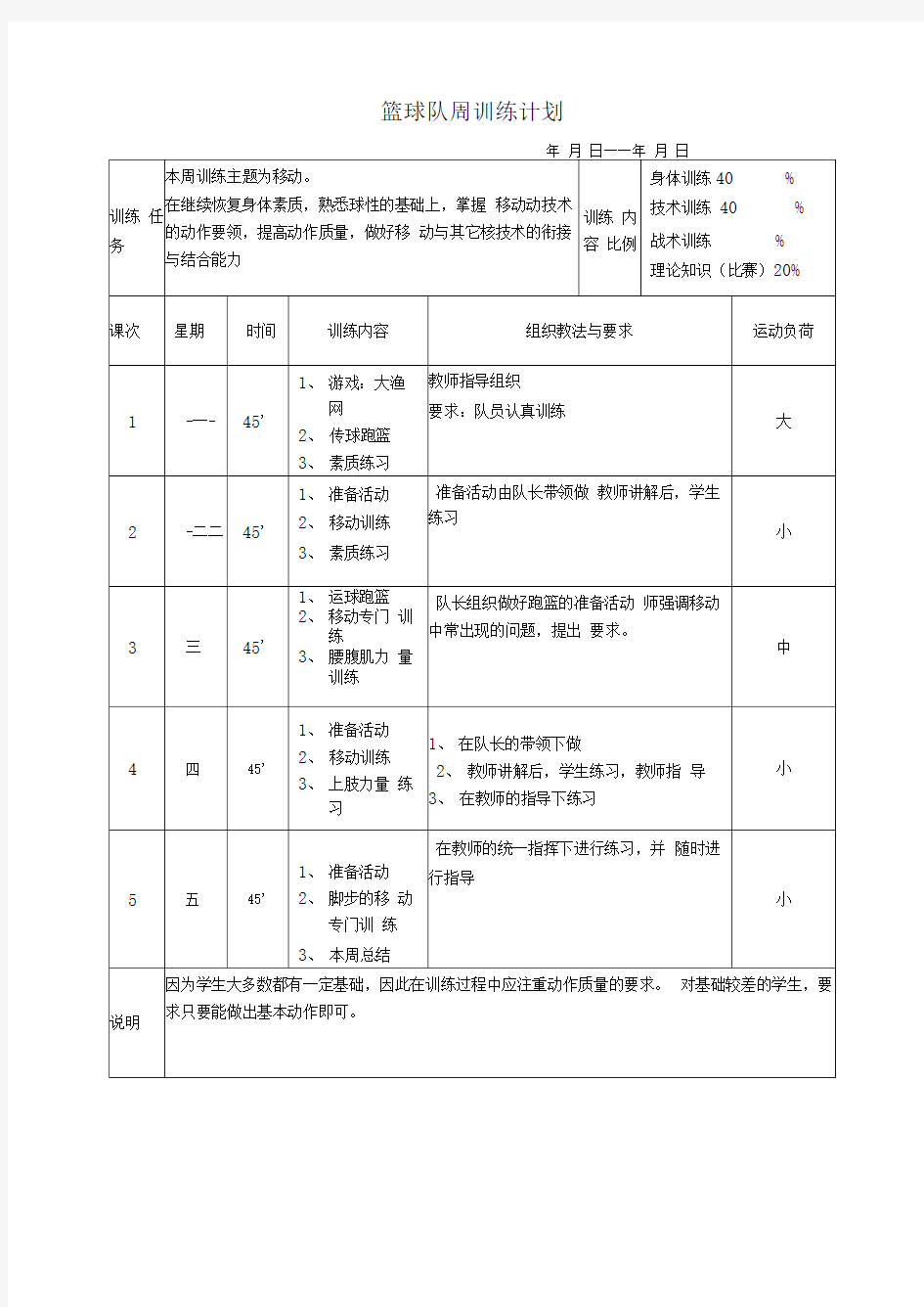 篮球队周训练计划